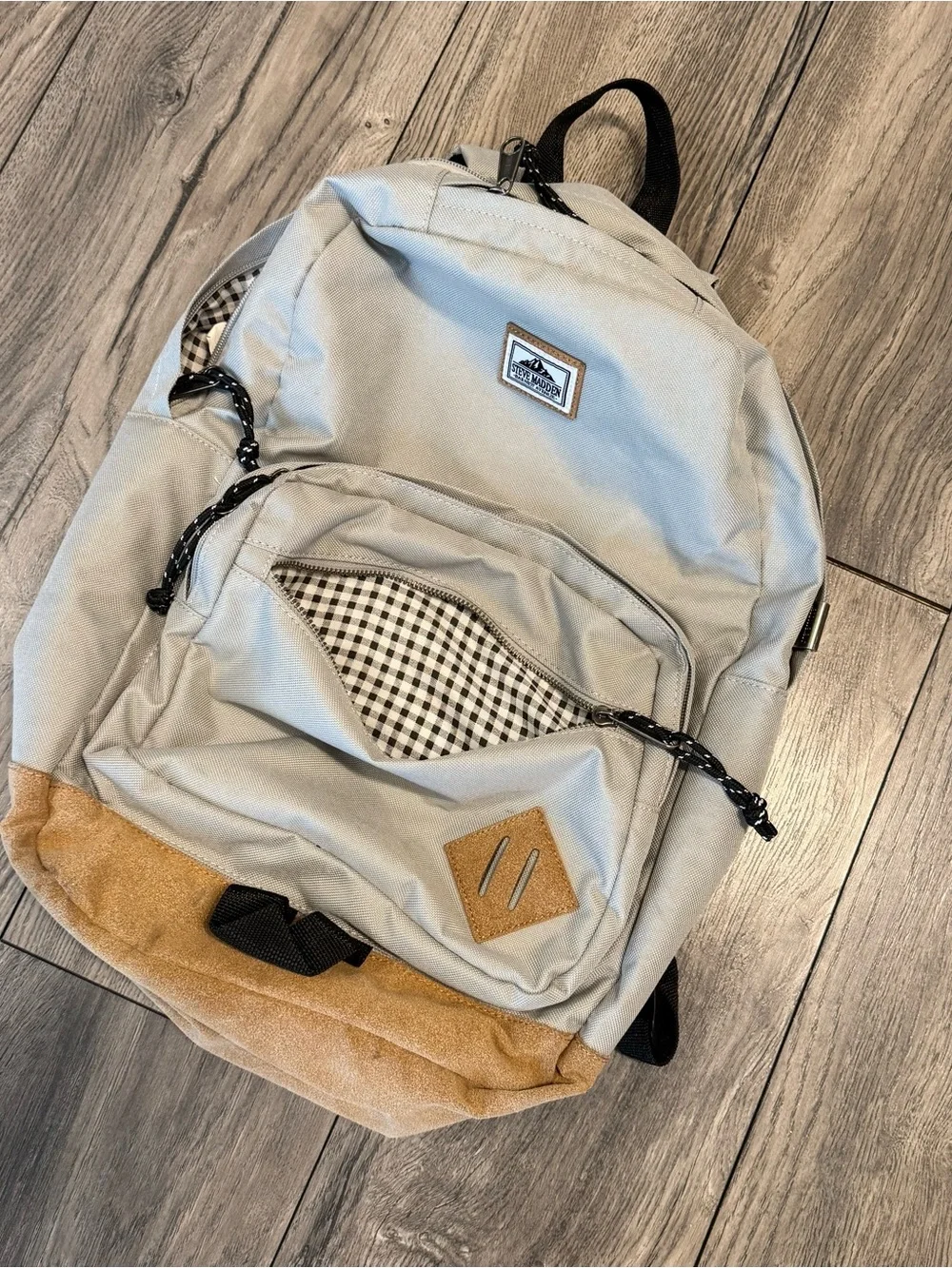 Steve Madden Barnet Avenue Gray Tan Backpack Faux Suede Laptop School Travel Bag